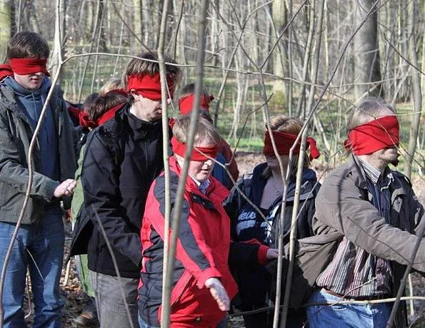 Vertrauensübung mit verbundenen Augen im Wald